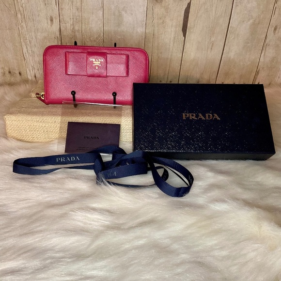 Prada Pink Saffiano Ribbon Zip Around Full Inclusion